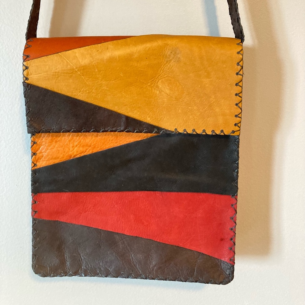 Vintage Hand Stitched Boho Leather Bag Hippie Purse 70s Messenger Bag Handbag.